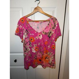 St. John's Bay Women's 1X Pink Floral V-Neck Short Sleeve Modal Blend Top